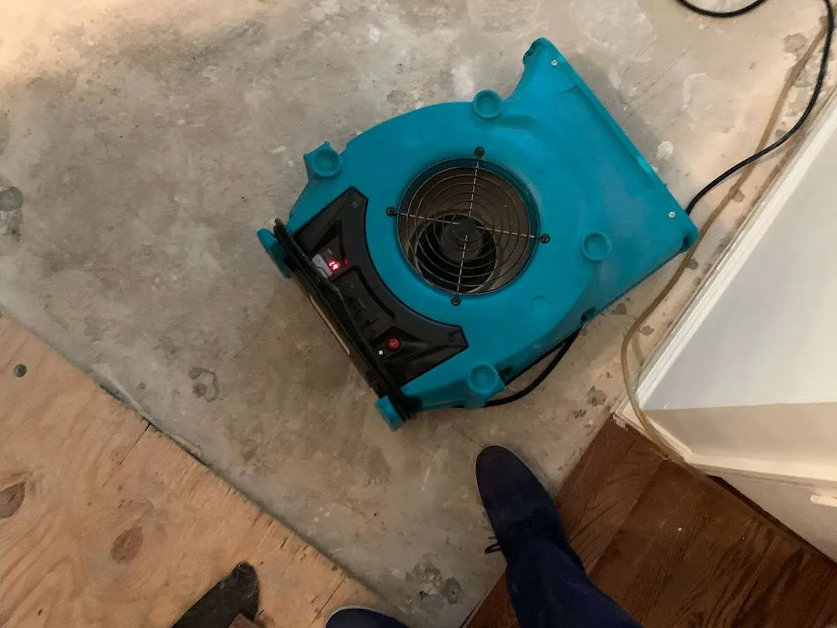 Air mover drying subfloor during Leak Detection & Repair in Ramsey
